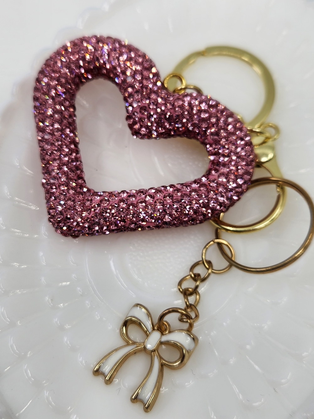 Pink Crystal Heart Keychain with Gold Bow Charm